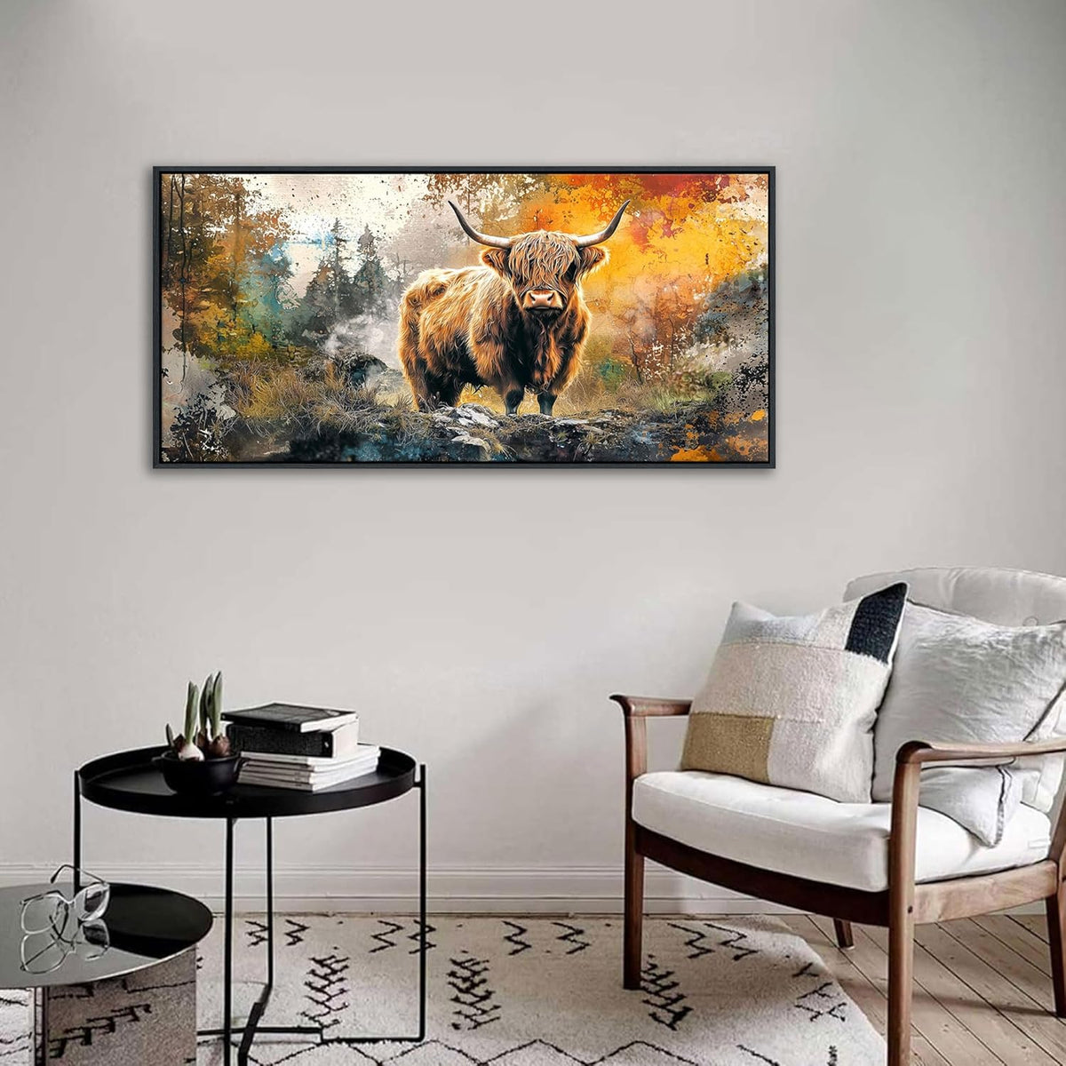QZQCBLC Highland Cow Wall Art, Vintage Country Style Abstract Landscape Pictures Animal Cattle Canvas Print Framed Paintings Artwork for Living room Bathroom Bedroom Home Office Decor 20x40 IN