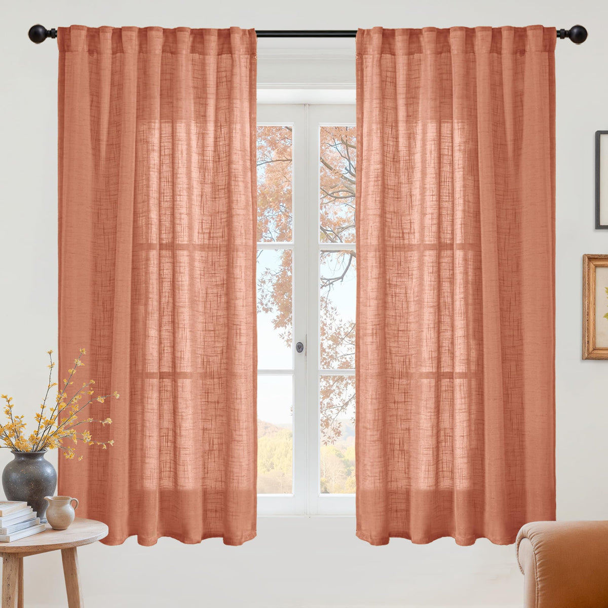 Burnt Orange Linen Curtains 48 Inches Long (2 Count)