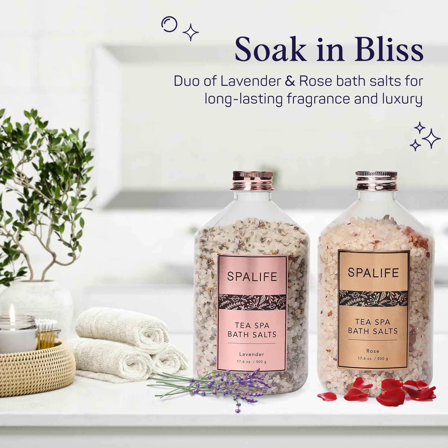 SpaLife Effervescent Rose & Lavender Bath Salts for Women Relaxing | Mothers Day Gifts & Aromatherapy Dead Sea Salt Bath Soak Duo | Real Flower Petals for Relaxing Mineral Baths | 2-Pack (35.2 oz)