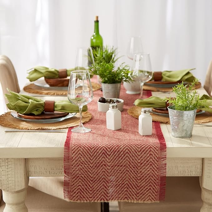 DII Jute Burlap Collection Kitchen Tabletop, Table Runner, 14x108, Chevron Barn Red