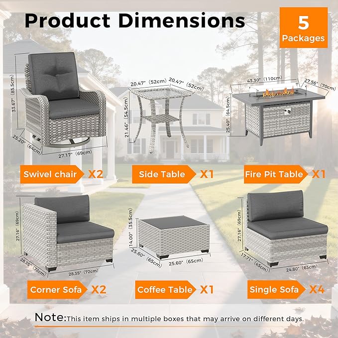 8-Seat Outdoor Wicker Patio Furniture Set with Fire Pit Table, Modular Rattan Sectional Sofa & 2 Swivel Rocking Chairs, 4" Thick Cushions, Rust-Resistant Frame,Black