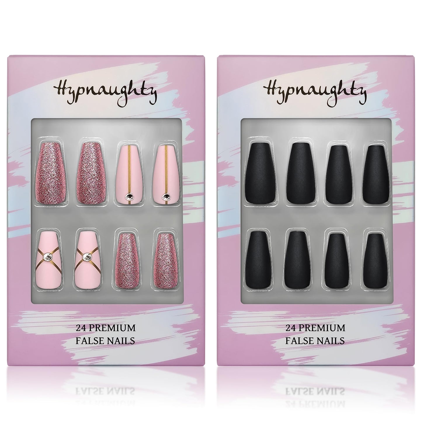 Hypnaughty Press On Nails - Pink Fantasy & Noir Coffin, Trendy & Salon Quality Reusable Nails With Kit