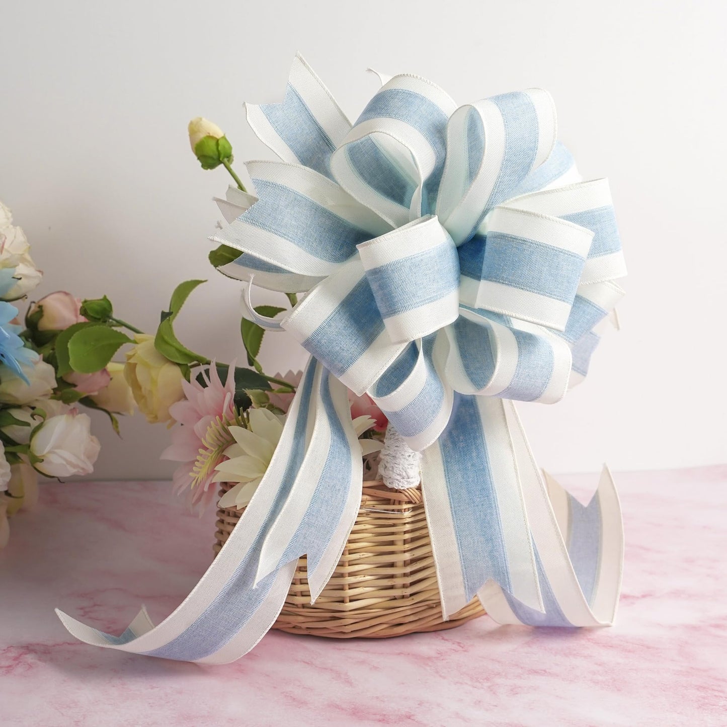 MEEDEE Blue and White Stripe Ribbon Wired 2.5 Inch Light Blue Burlap Ribbons with Ivory Stripe Edge Wreath Supplies, Baby Shower Decorations, Crafts Bow Making (10 Yards)