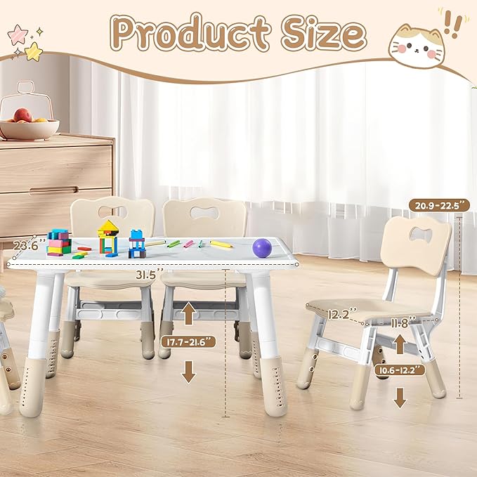Adjustable Kids Table Chairs Set – Graffiti Desktop, Multi-Activity Height-Adjustable Toddler Study Desk for Ages 3-8 – Ideal for Home, Classroom, Daycare (B-Brown, 4 Chairs-31.5" L x 23.6" W)