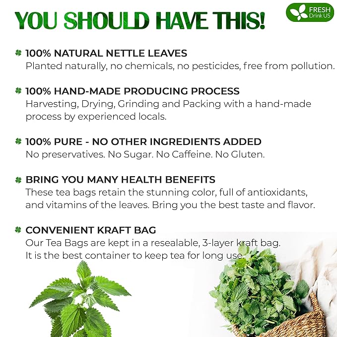 FreshDrinkUS, Premium 135 Nettle Leaf Tea Bags, 100% Natural & Pure, Stinging Nettle Leaf Tea, Burn Nettle, Stinging Nettle, Stinger Tea, No Sugar/Caffeine/Gluten, Vegan
