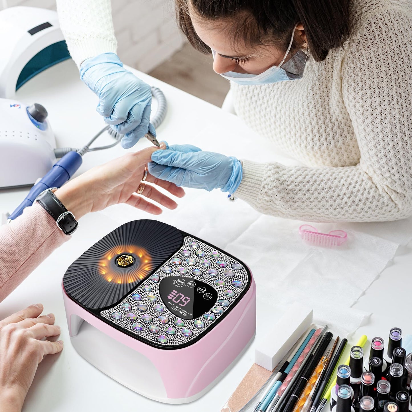 LIMEGIRL UV LED Nail Lamp Kit for Gel Polish Professional Fast Curing Pink Dryer Light Set with 4 Timer Settings Cordless Rechargeable Nail Art Cure Machine with UV Gloves for Manicure Pedicure