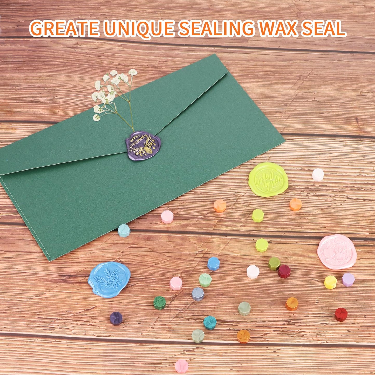 Kit,Dried Flower Accessory Tools,Premium Wax Seal Stamp Kit with 24 Colors 624 Pcs Beads, 4 Pcs Stamps, Sealing Wax Warmer, Envelope, Candles for Wedding Birthday Gift and DIY Craft