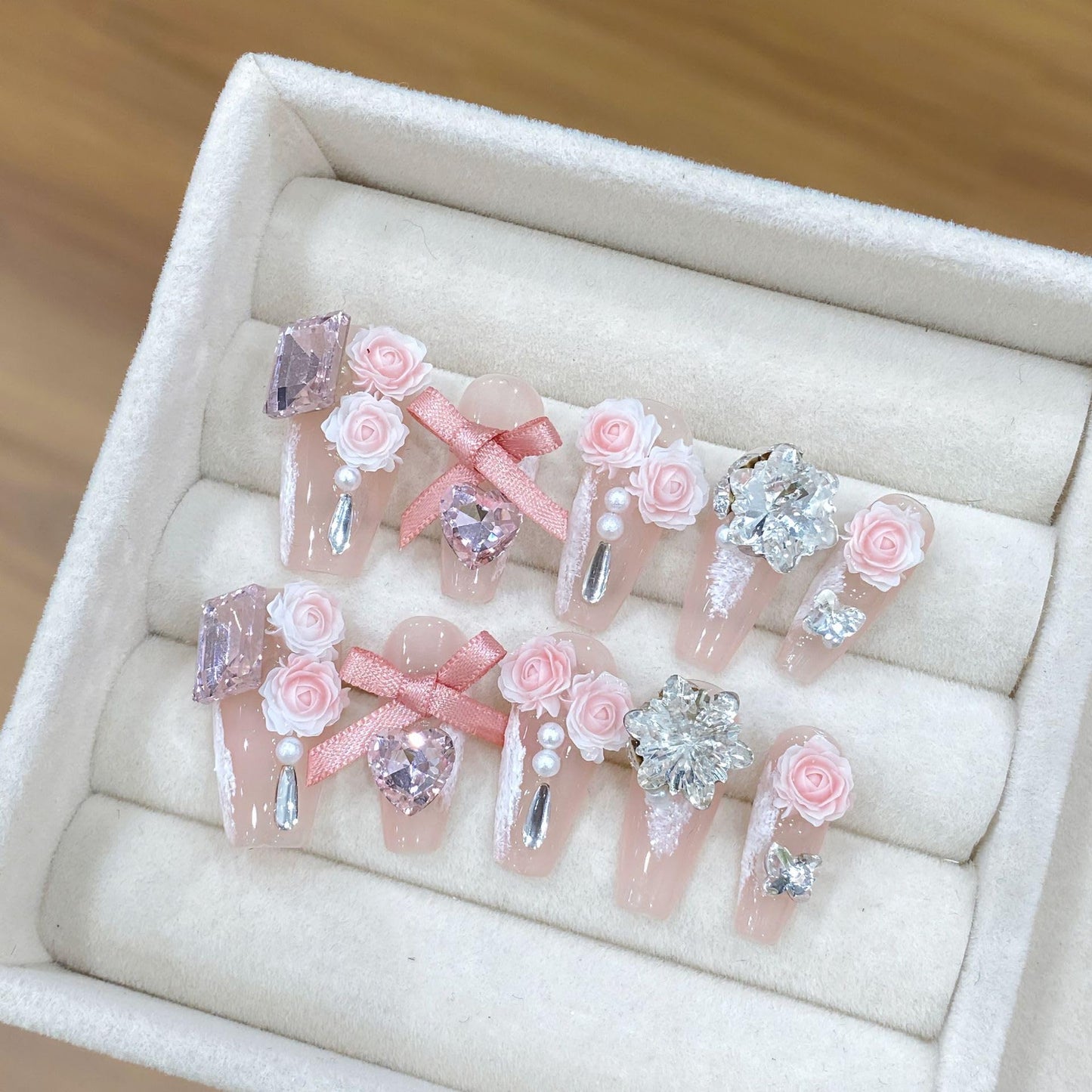 NLSJMP,Handmade Long Balerina Press on Nails,bow rhinestone Pearl Design Nail Art Kit,Acrylic Fake Nails Kit,Reusable False nails,Include Toolkit,10pcs,Rose,Size M