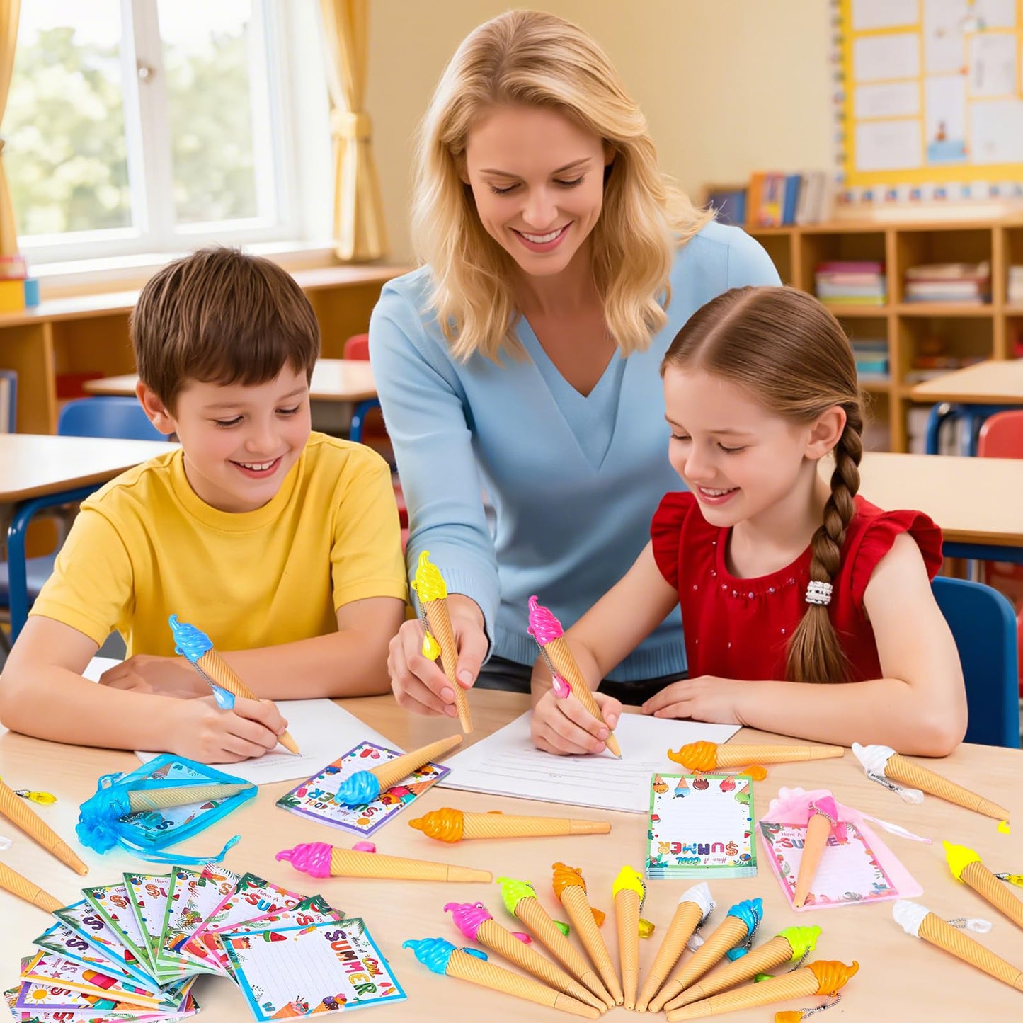 SZCECHRE 36 Pack School End Of Year Surprise Gift Sets, Ice Cream Pens Summer Sticky Notes Kit with Gift Bags & Ribbon for Pool Beach Birthday Class Parties & Student Gifts