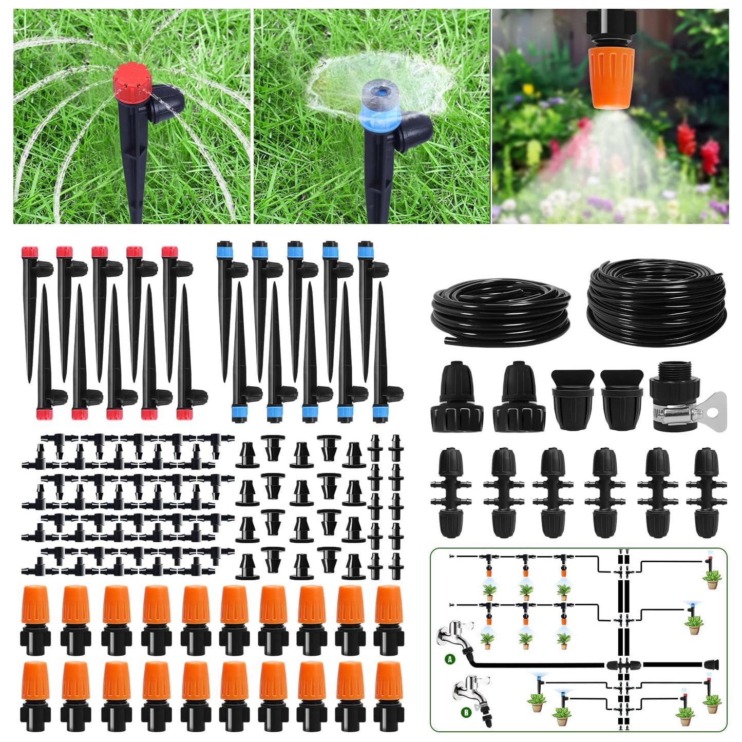 260 FT Drip Irrigation System Kit, Automatic Garden Watering System with 2/5" & 1/4" Tube for Greenhouse, Lawn, Raised Bed, Micro Misting Plant Sprinkler System, Adjustable Drip Emitters