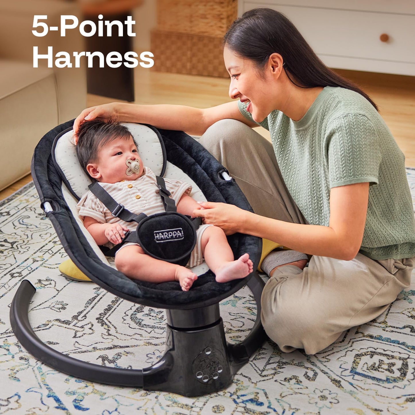 HARPPA Weddell Lite Electric Baby Swing for Infants with Music Speaker, 5 Adjustable Speeds, 5-Point Safety Harness, Timer Function, Compact Design for Indoor & Outdoor Use,Black