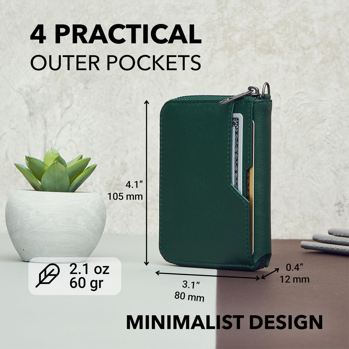 Vaultskin NOTTING HILL Minimalist Leather Zipper Wallet for Women and Men: Slim Multi Cardholder with RFID Blocking and Keychain Ring (Green)