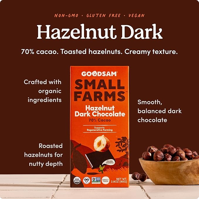 GoodSAM Hazelnut Dark Chocolate Bars - (Pack of 3) – 70% Cacao Premium Organic Dark Chocolate with Roasted Hazelnuts – Fair Trade Snacks that Support Small Family Farms