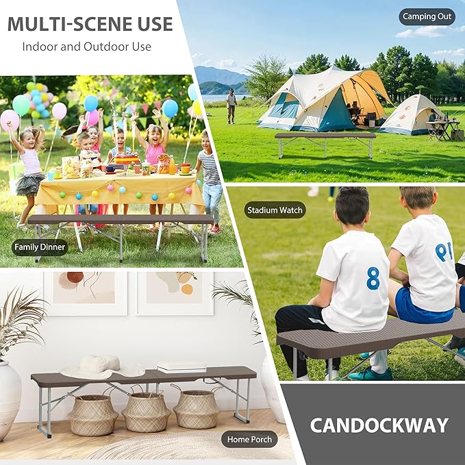 6ft Plastic Folding Bench with Carrying Handle & Lock, Portable Outdoor Bench in Garden Picnic Camping Dining Party Seat, Waterproof Bench for Soccer Activities, Ratten Patterned(2 Pack)
