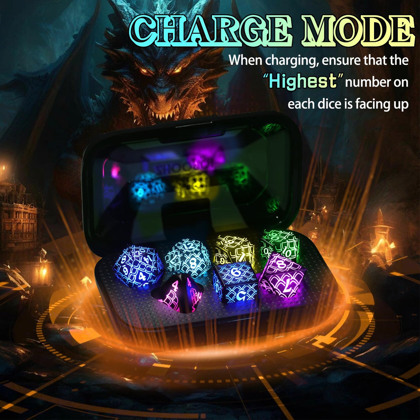 LED DND Dice Set Rechargeable, Cool Light up Dice Wireless Charging for Dungeons and Dragons, ZHOORQI Polyhedral Dice Role Playing Gifts(RGB-Dragon Scale)