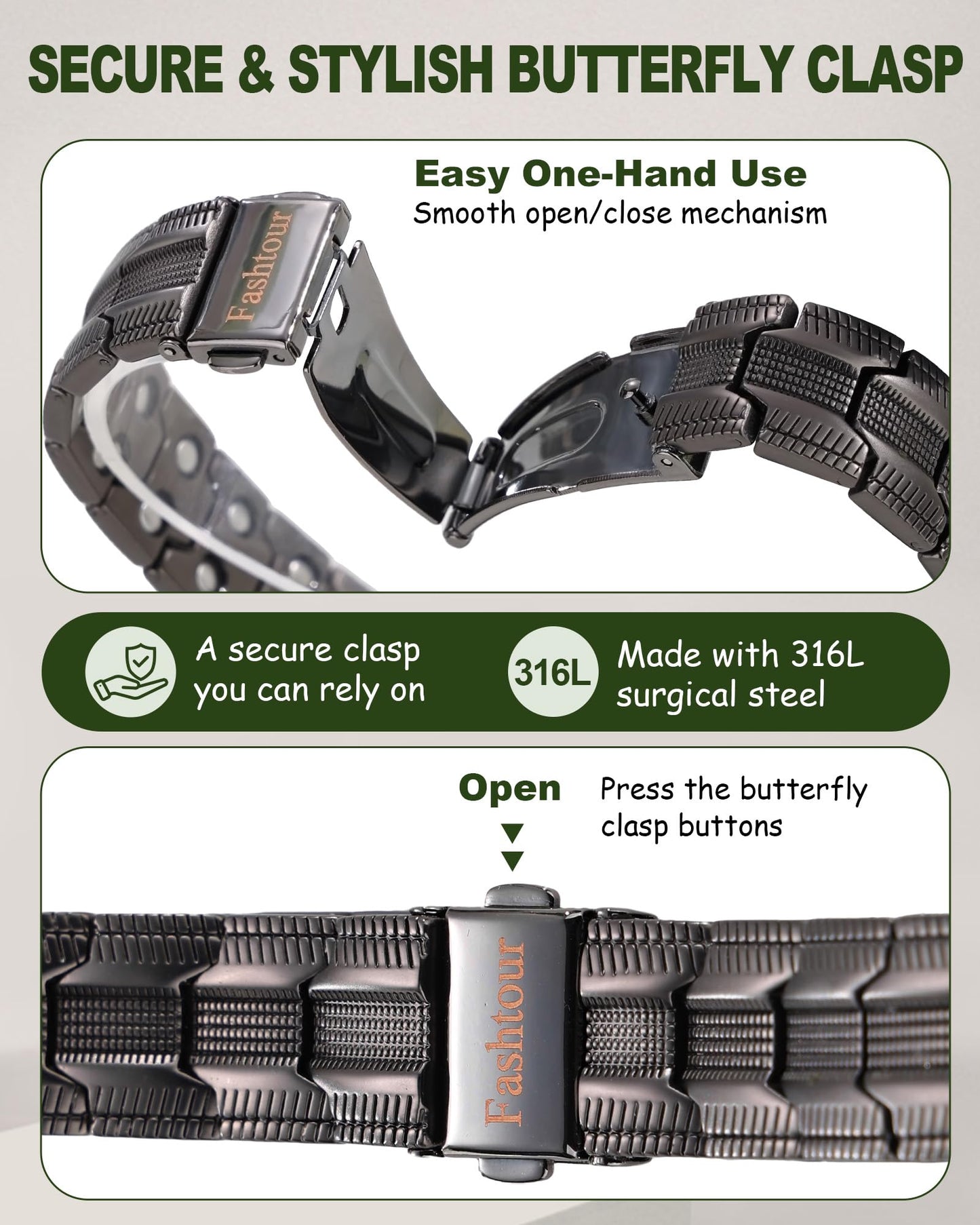 Fashtour Copper Bracelet for Men, 2X Strength 99.99% Pure Copper Magnetic Bracelet with Magnets, Butterfly Clasp Design, Adjustable Length with Sizing Tool (Gunmetal)