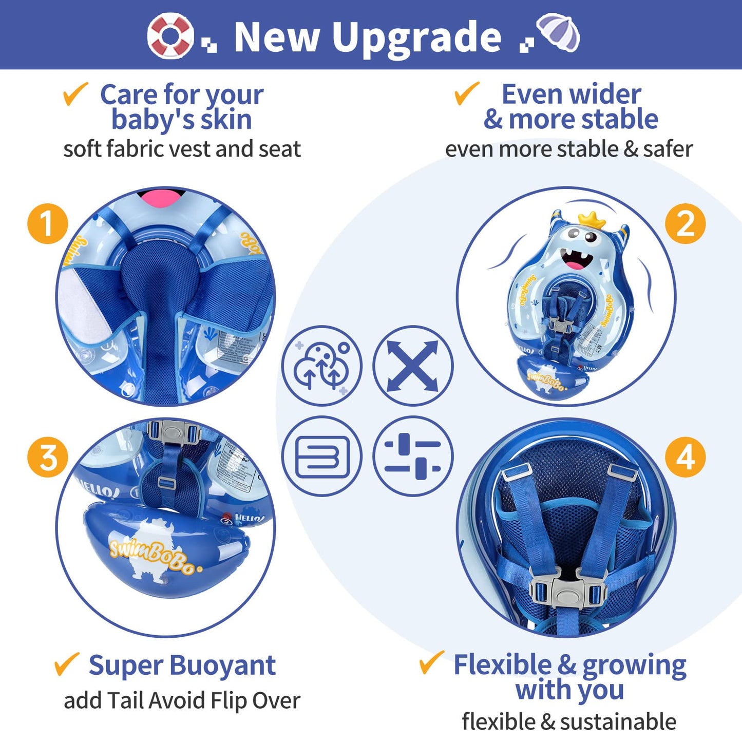 Swimbobo Infant Pool Float with Sun Canopy Inflatable Baby Swimming Floatie with Sponge Safety Bottom Support Water Toys Swim Trainer(Blue Monster,Large)