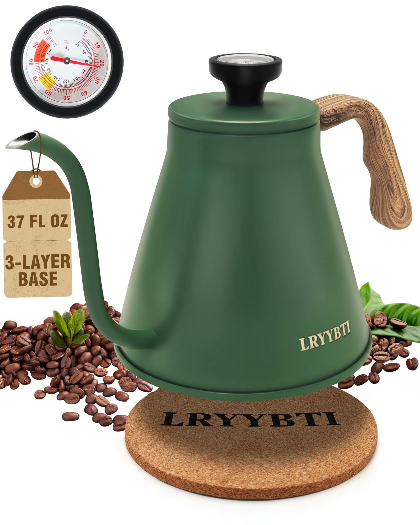 LRYYBTI Gooseneck Kettle Stovetop with Thermometer for Durable 3-Layer Base，Pour Over Kettle Stainless Steel Tea Kettle Compatible with all Stove Tops (Green, 37 fl oz)