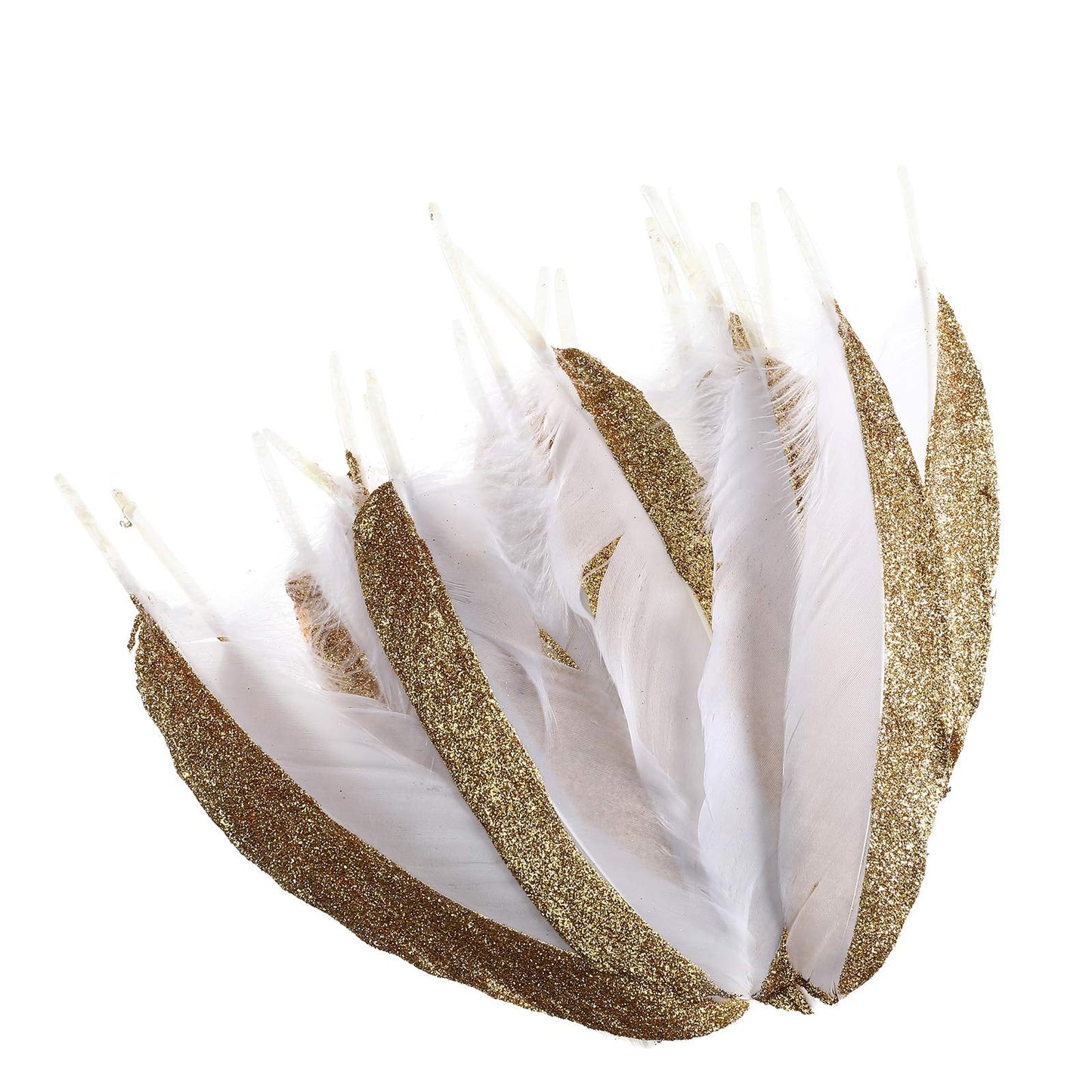 50pcs Natural Goose Feathers Dipped Gold Silver Goose Feather Length in 6-8inches for Party Decor Art Craft(White Half Gold)