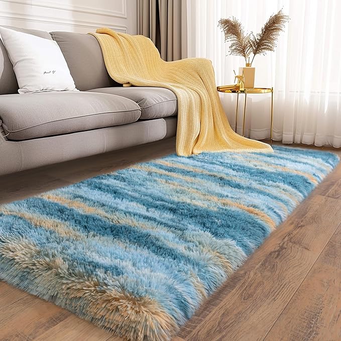 Soft Runner Rugs for Bedroom Hallways, 2x6 Abstract Blue Fluffy Shag Throw Area Rug Non Slip for Bedside Dorm, Long Shaggy Furry Carpet for Nursery Living Room