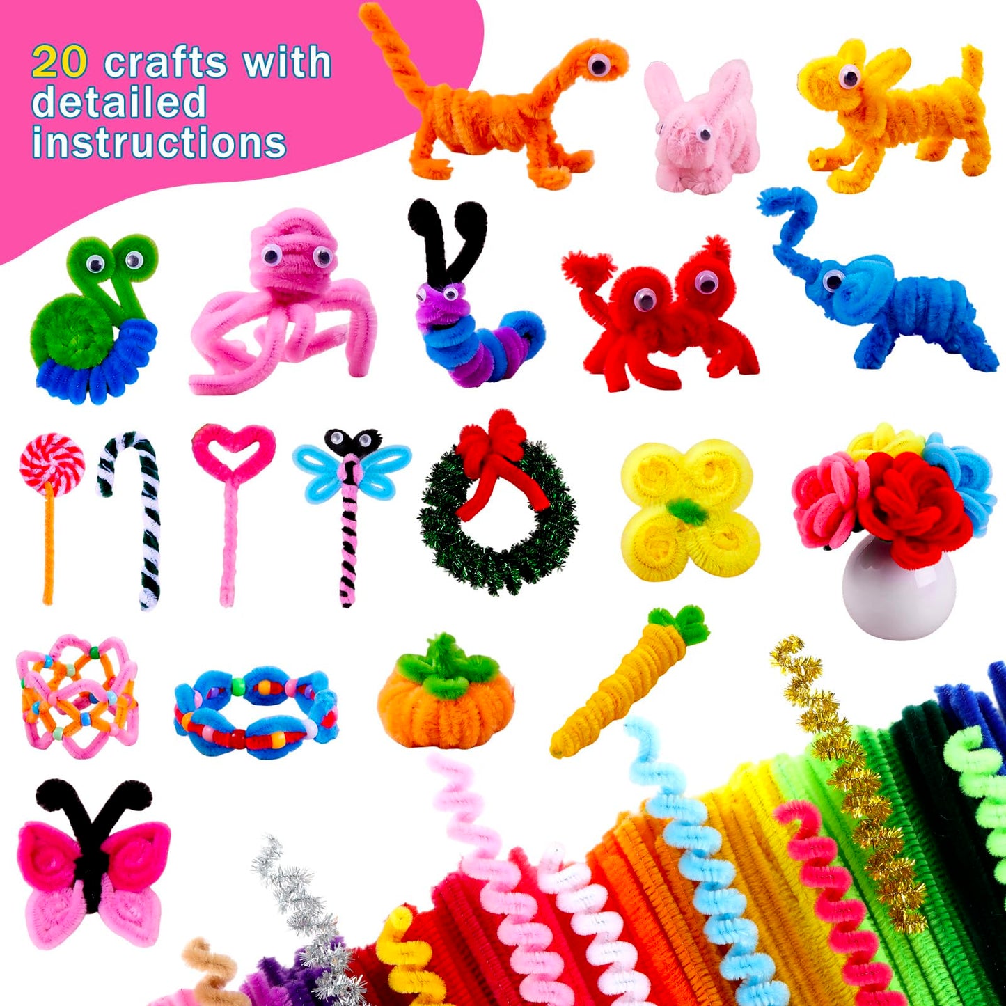 800pcs Pipe Cleaners Crafts Kit, 30 Colors Pipe Cleaners Bulk with 20 Designs Instruction Book, Colorful Chenille Stems for Animal Flower Creative Projects DIY, Arts and Crafts for Kids Ages 4-12