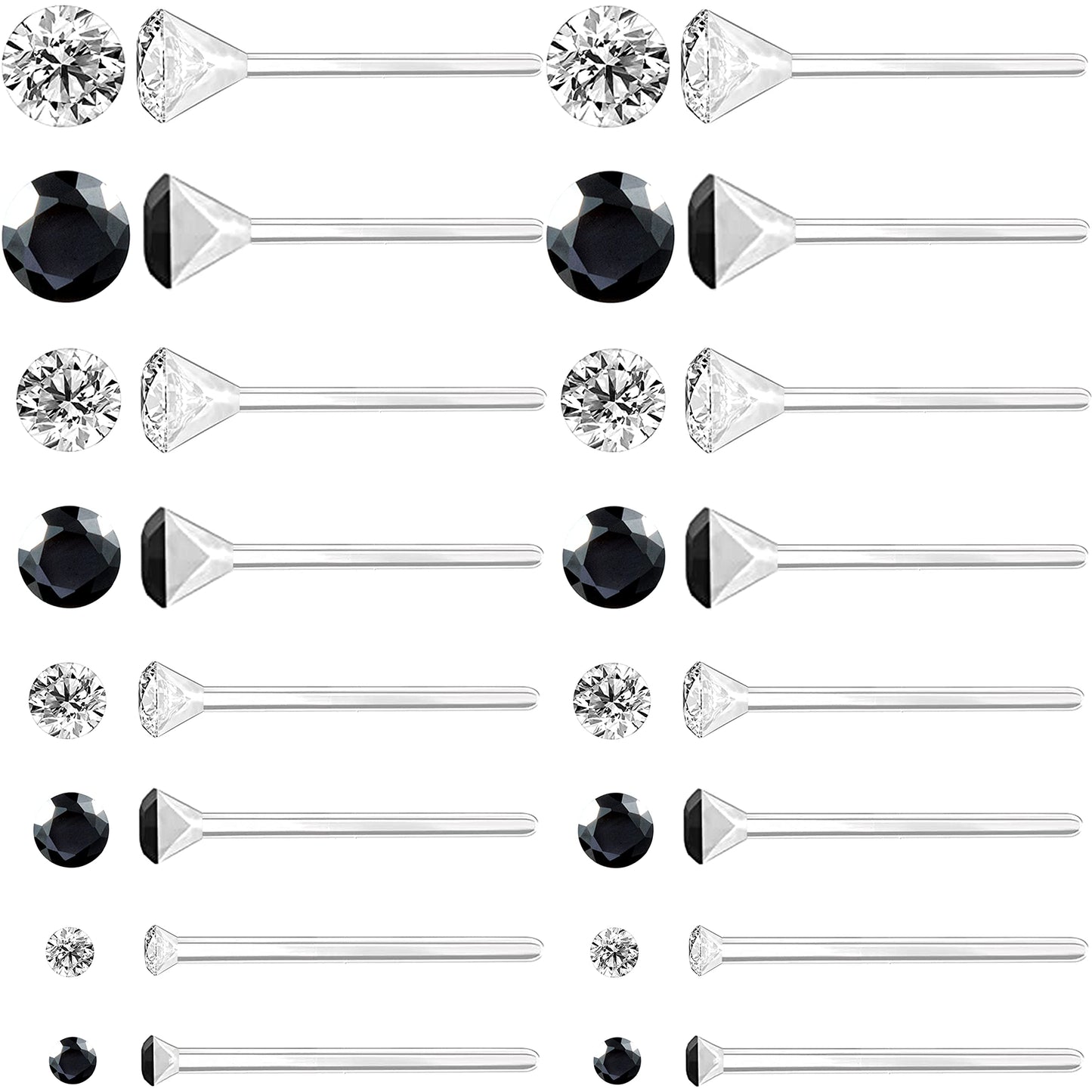 OwlkOrmy 8 Pairs Anti Allergy Plastic Earrings for Sensitive Ears & Include 8 Pairs Silicone Soft earring backs, Birthstone Cubic Zirconia Stud Earrings Kit 2mm 3mm 4mm 5mm in one Set (Black)