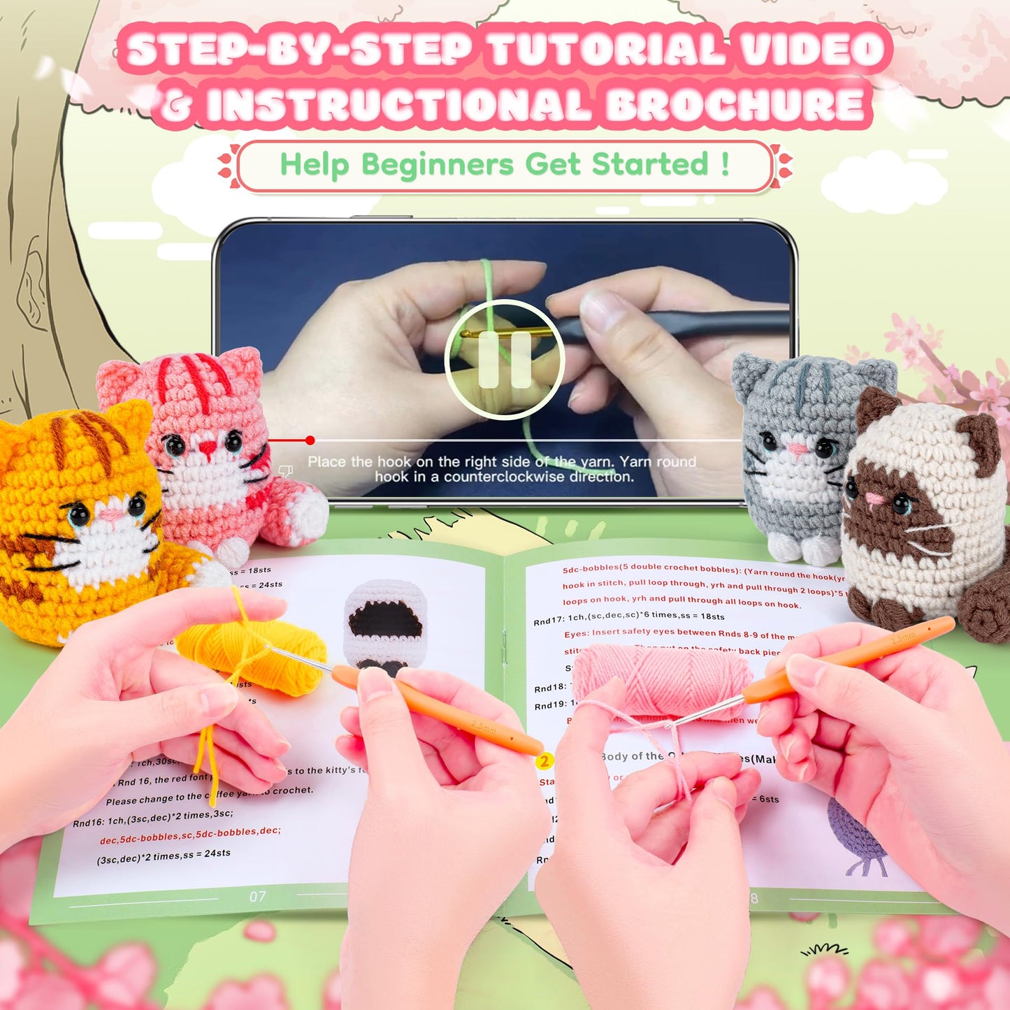 Crochet Kit for Beginners -4 PCS Cat Crochet Kit with Step-by-Step Video Tutorials, Learn to Crochet Kits for Adults, Beginner Crochet Kits for Adults, Animals Cat Crafts Knitting Kit Galentines Gifts