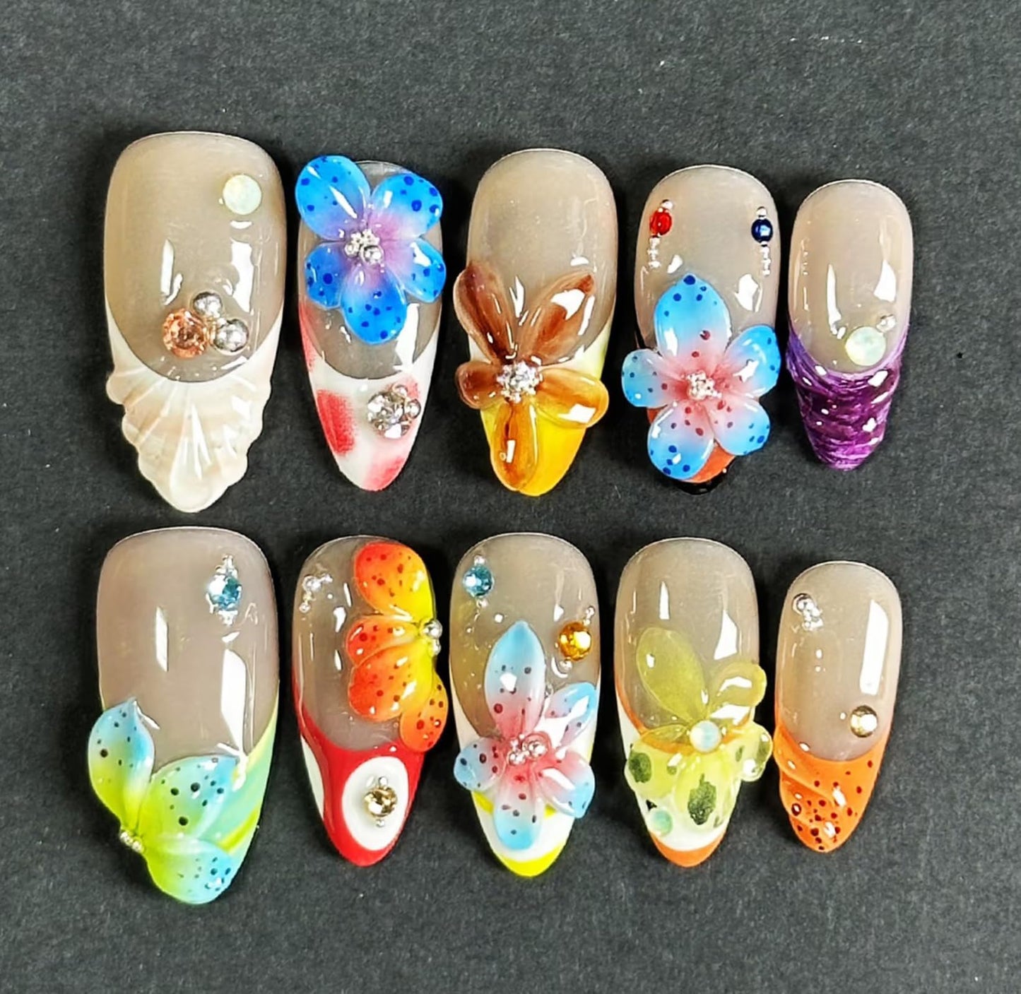 Luxury Press on Nails Medium Almond Handmade 3D Unique Reusable ABS Material Fake Nails French Tip False Nails with Designs Rhinestones Flower Art Petal Glossy Glue on Nails Thick Acrylic Nails(M)