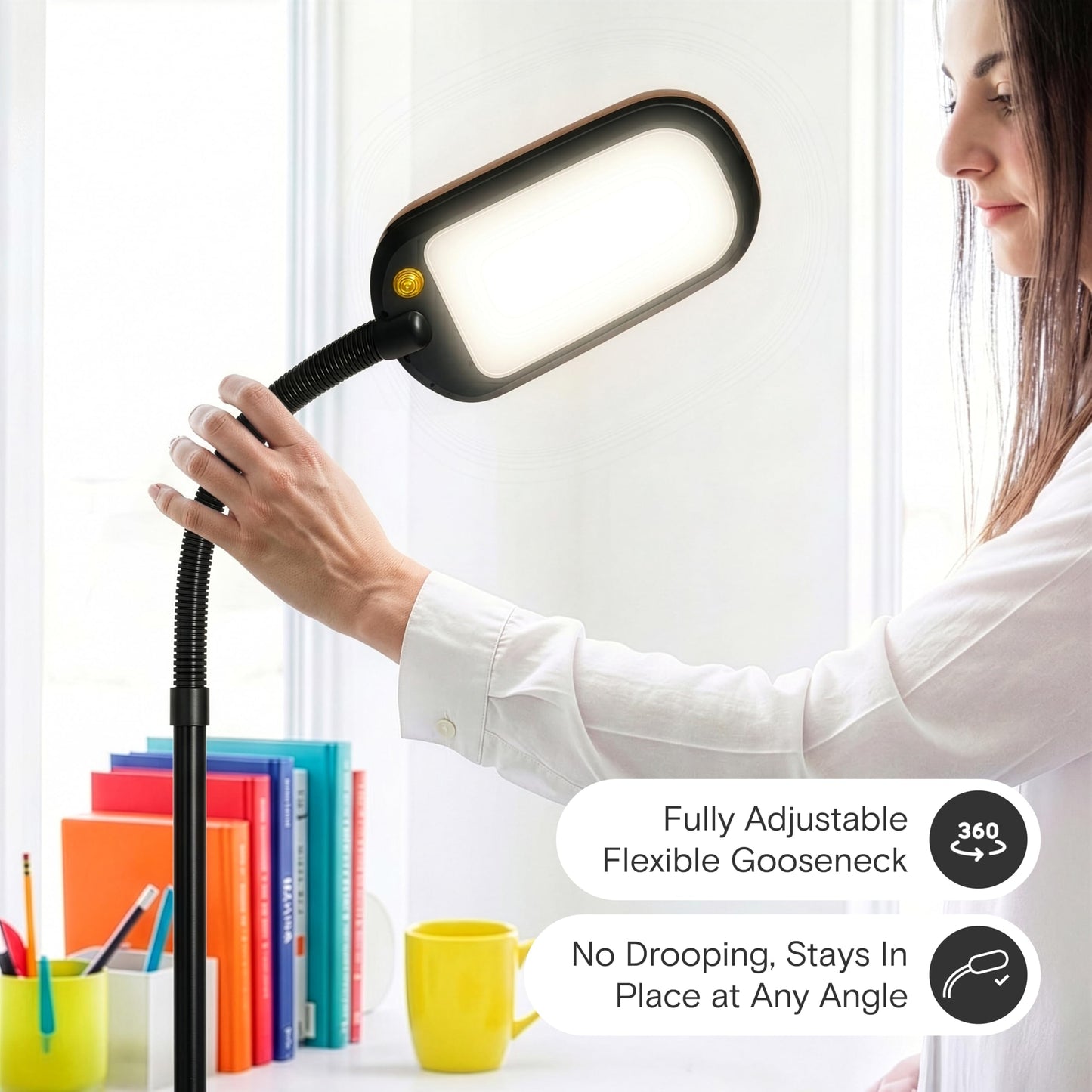 Brightech Litespan Slim LED Floor Lamp - Modern Reading Light Over Chair for Living Rooms & Offices, Tall With Adjustable Gooseneck, Crafts Work Light, Dimmable Standing for Bedroom - Wood