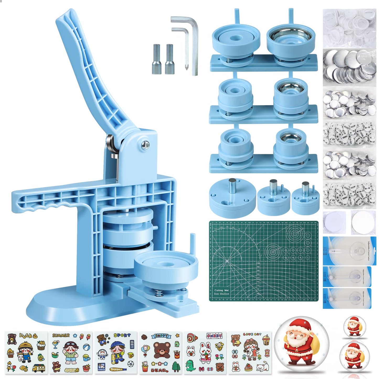 MK.Bear Button Maker Machine Multiple Sizes 1+1.25+2.25inch(4th Gen), DIY Button Pin Maker Machine Kit, Badge Press Machine with 300PCS 25+32+58mm Button Making Supplies& Cutting Mat&Circle Cutter