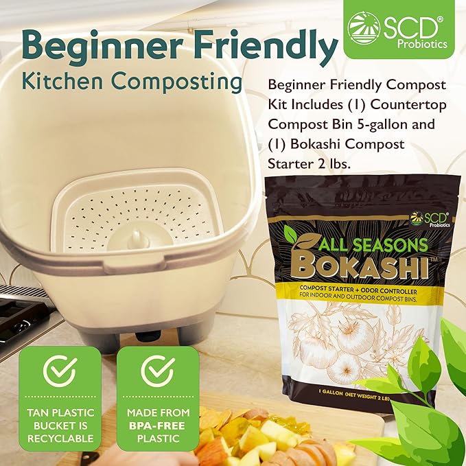 All Seasons Indoor Composter Starter Kit – 5 Gallon Tan Compost Bin For Kitchen Countertop With Lid, Spigot & 1 Gallon (2 lbs.) Bag Of Dry Bokashi Bran – by SCD Probiotics