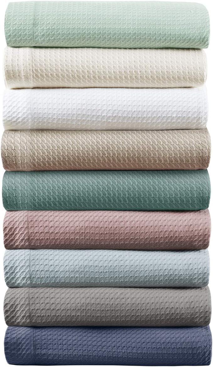 Madison Park Soft Certified 100% Egyptian Cotton Breathable Cozy Blanket, Waffle Knit Classic Design, Luxury All Season Lightweight Cover for Bed, Couch and Sofa, Light Blue Full/Queen(90"x90")