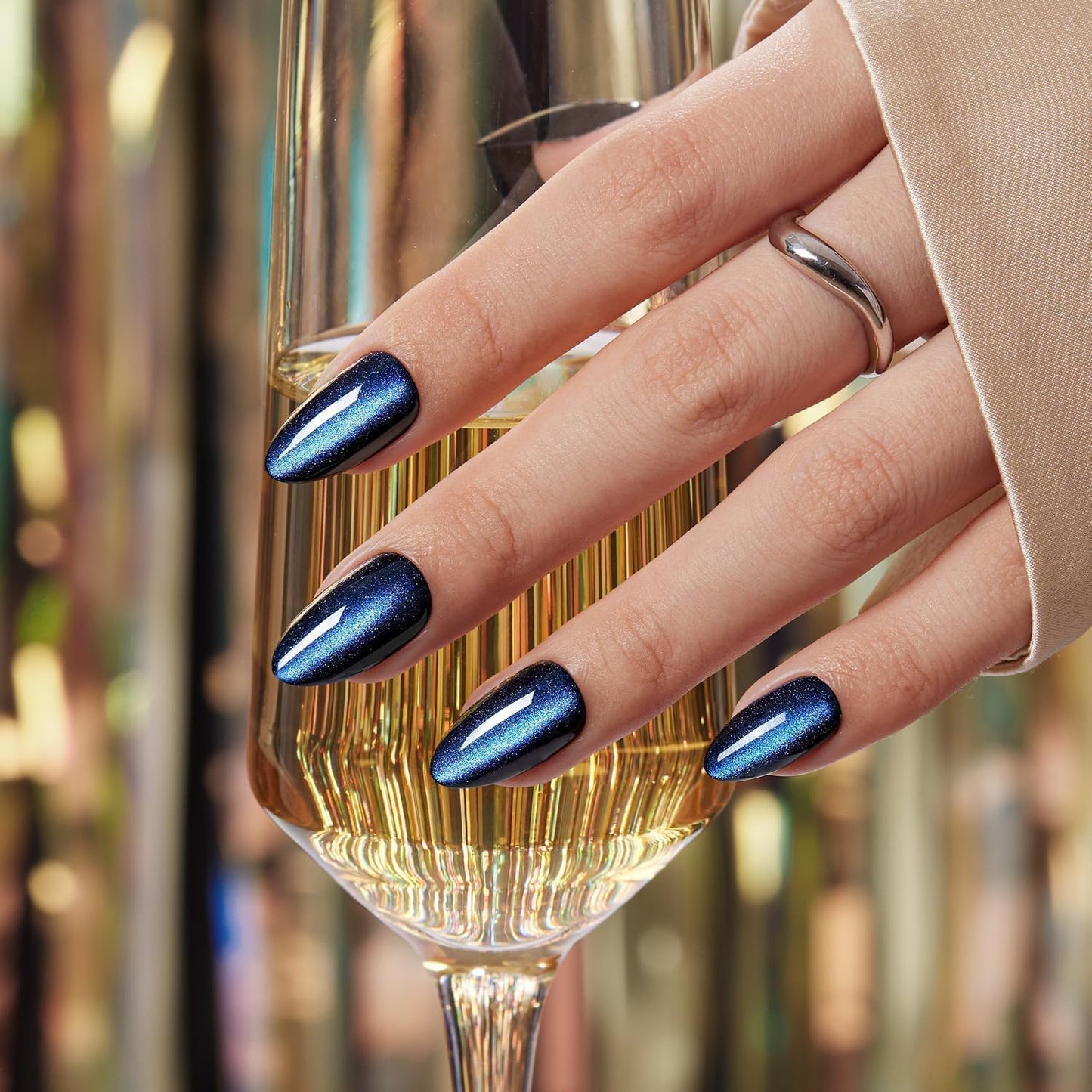 VSALON Almond Short Press on Nails for Newbies, Summer Dark Blue Cat Eye Chrome Glossy Glitter Stick On 32 pcs Fake Nails Kit in 16 Sizes, Reusable Opaque Gel Nails with Glue