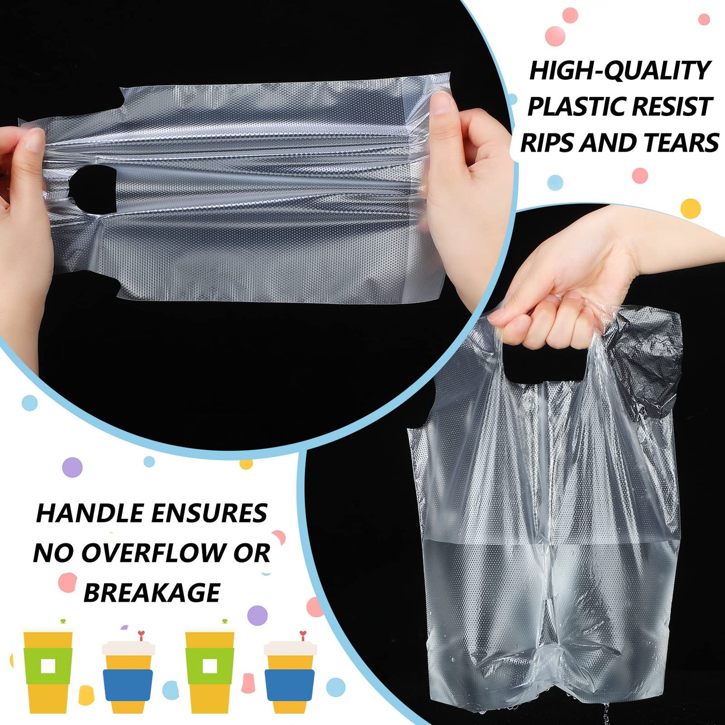 Tinlade 200 Pcs Clear Handle Drinking Poly Bags Bulk 2 Cup and 1 Cup Plastic Portable Cup Carrier Holder Bag Packaging Delivery Hanging Hole, 6.3 x 10.2, 12.2 x 10.2 Inch