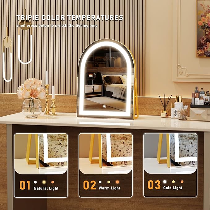 Vanity Mirror with Lights, 16" Light Up Makeup Mirror, LED Makeup Mirror with Lights for Bedroom Tabletop, Smart Touch Control 3 Colors Dimmable, 360° Rotation Gold
