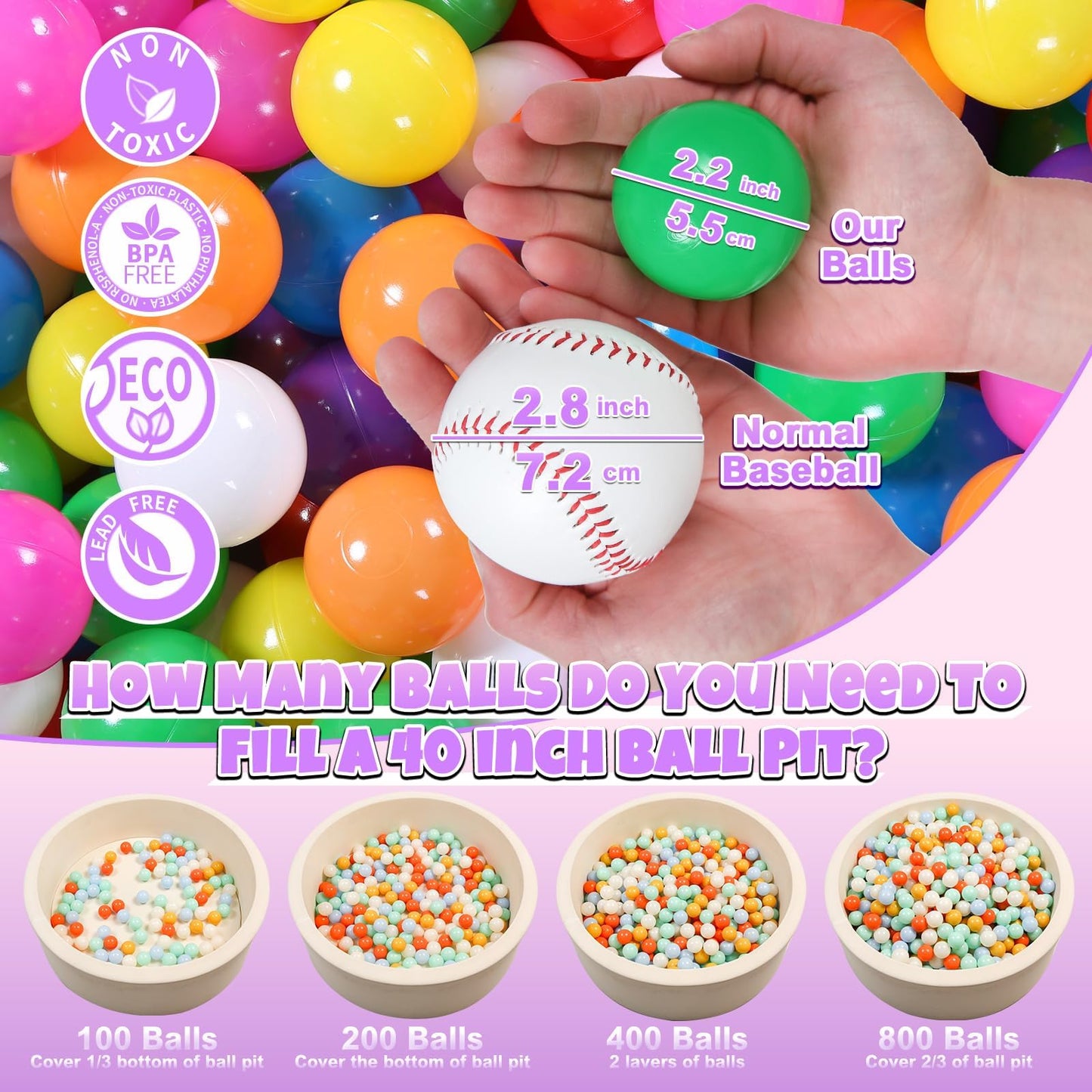 GOGOSO Ball Pit Balls for Toddles Kids Plastic Ballpits Accessories Crush Proof Durable Fun Shape Play Baby Bath Toys,2.15inch 500count Mix Color