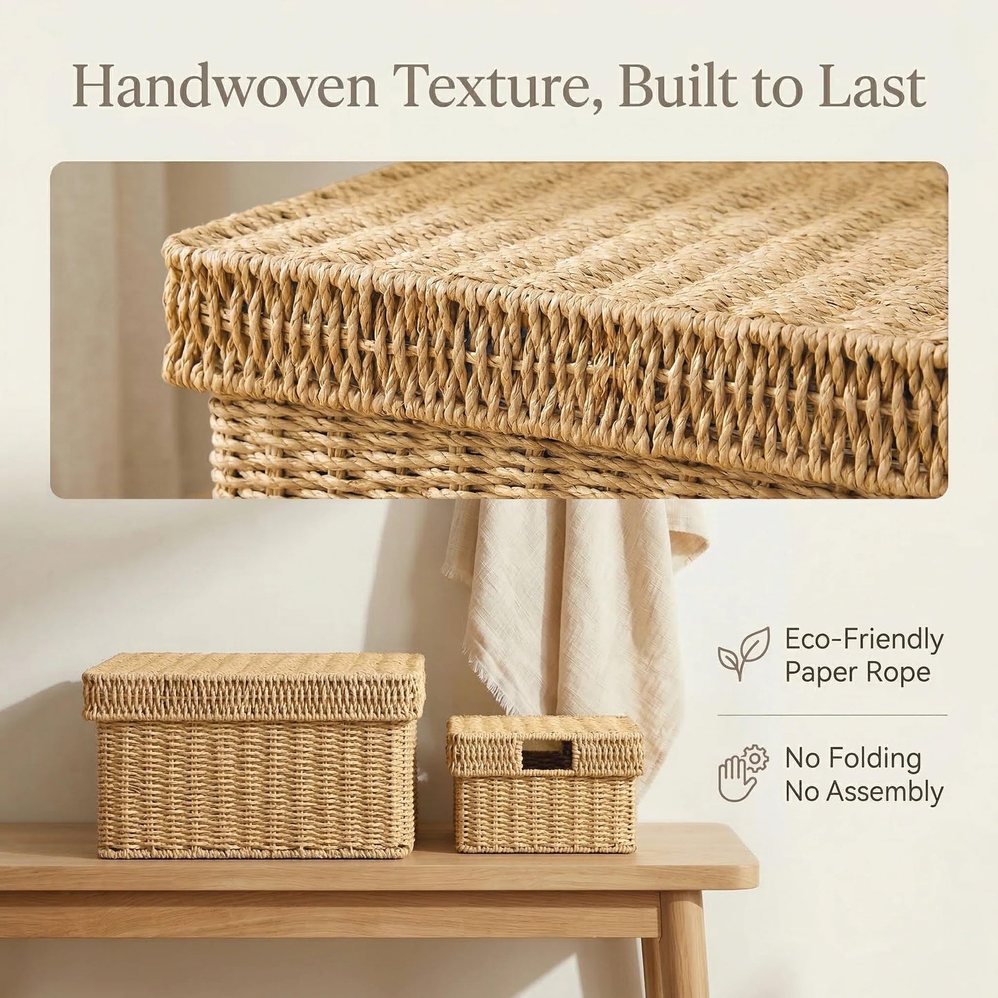 GANLUX Wicker Storage Basket with Lid - Woven Basket for Storage,Rectangular Decorative Boxes Bins with Lids for Shelves,living room, Nursery, 3 baskets+1 lids(Natural)