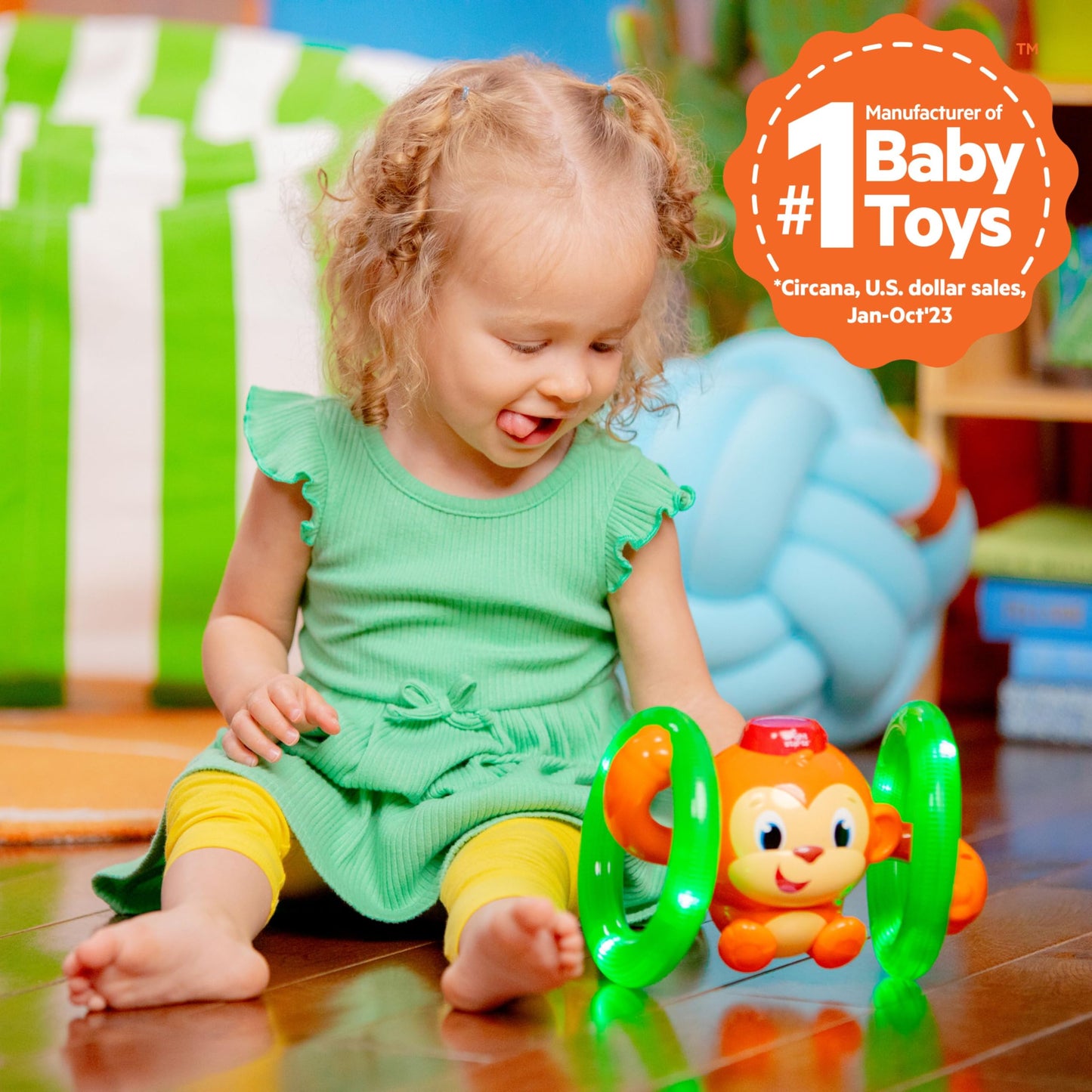 Bright Starts Roll & Glow Monkey Crawling Baby Toy with Lights and Sounds, Tummy Time Toy, 6 Months and up