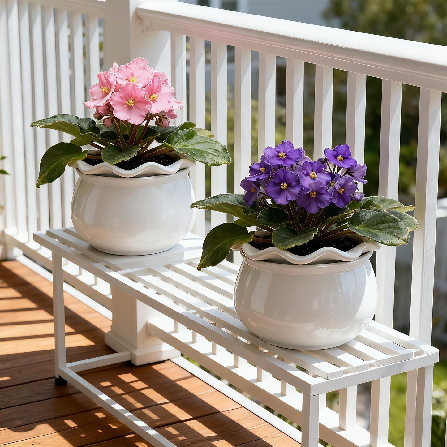 Sanmudecor Self Watering Planter Pot for African Violets, White Ceramic Indoor Plant Pot with Bottom Watering System, 7"