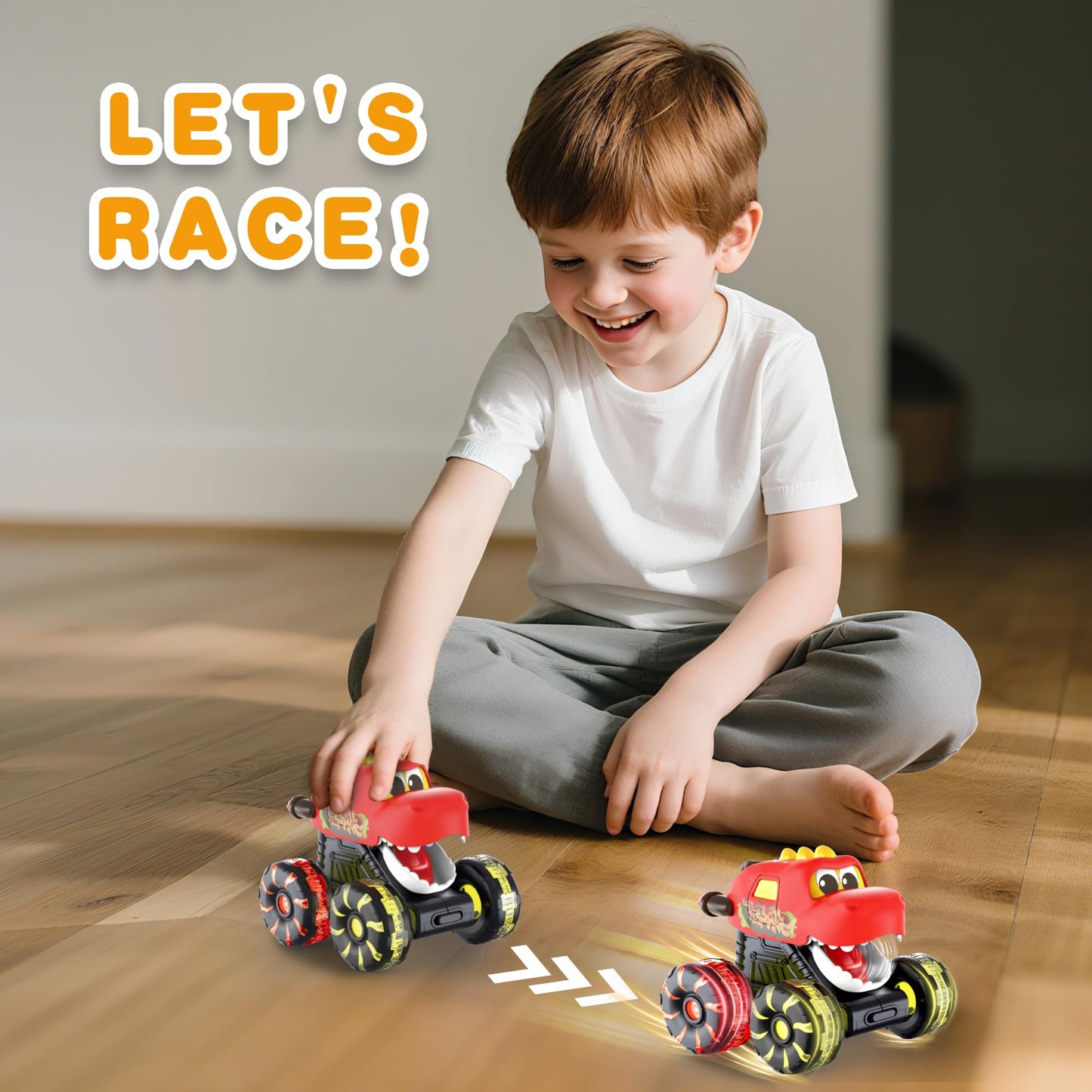OMAKCOO 3 Pack Dinosaur Monster Truck Toys with Light-Up LED Wheels for Toddlers Kids