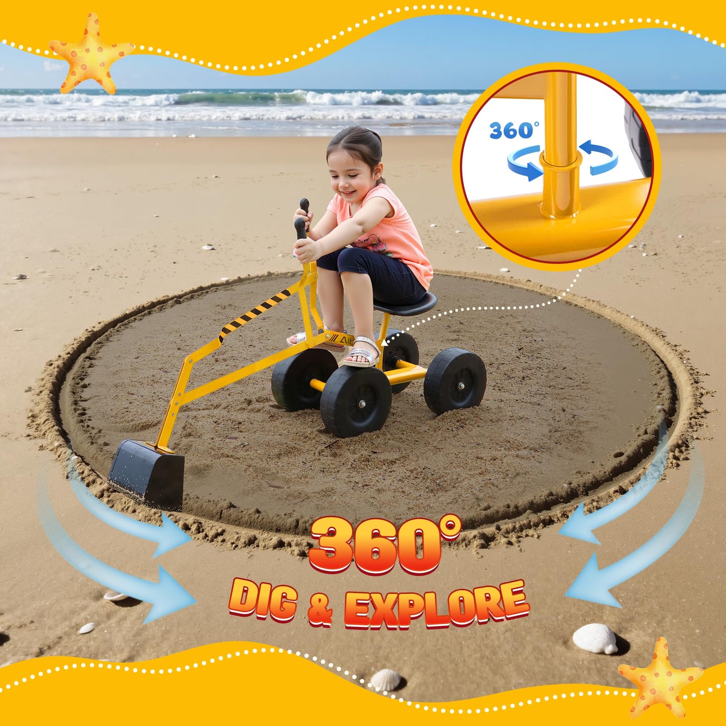 Albott Ride On Sand Digger Excavator Toys Working Crane with 8 inches Wheels and 360° Rotation Seat (Yellow)