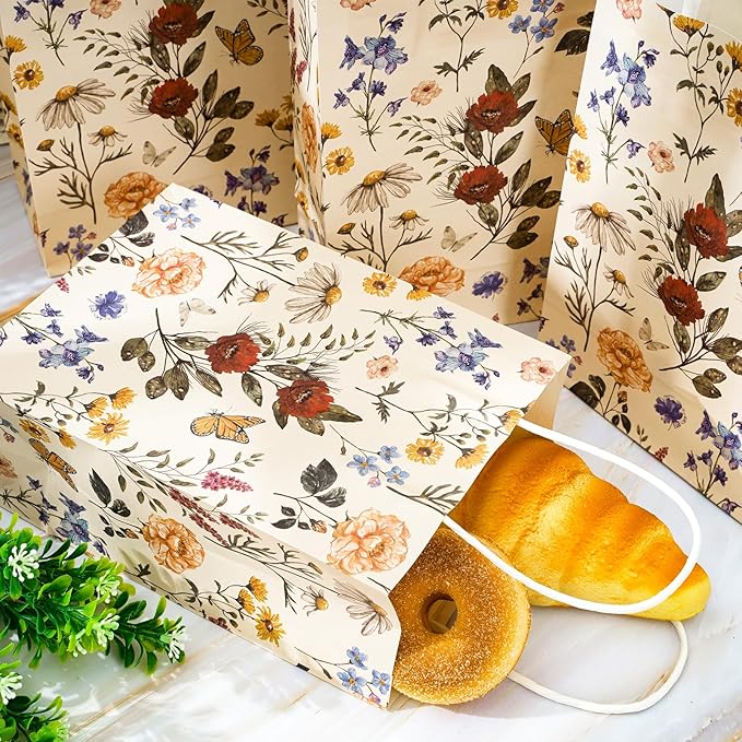 24Pcs Vintage Wildfloral Paper Gift Bags Wildflower Print Treat Bags with Handles Grocery Shopping Bag Candy Goodie Bag for Fall Baby Shower Wedding Party Supplies