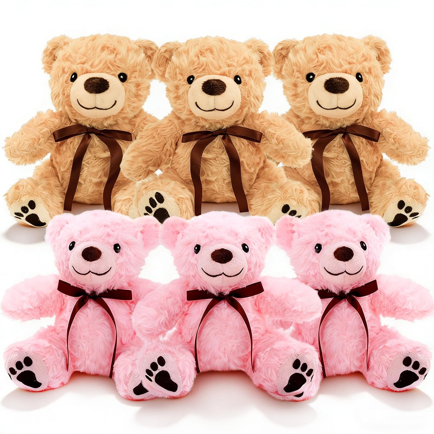EEYQR 6Pcs Teddy Bear Stuffed Animals Bulk for Baby Shower, Small Stuffed Teddy Bear Plush, Bulk Bears Plush Toys for Baby Shower Party Decorations Christmas Valentine's Day (Brown, Pink)