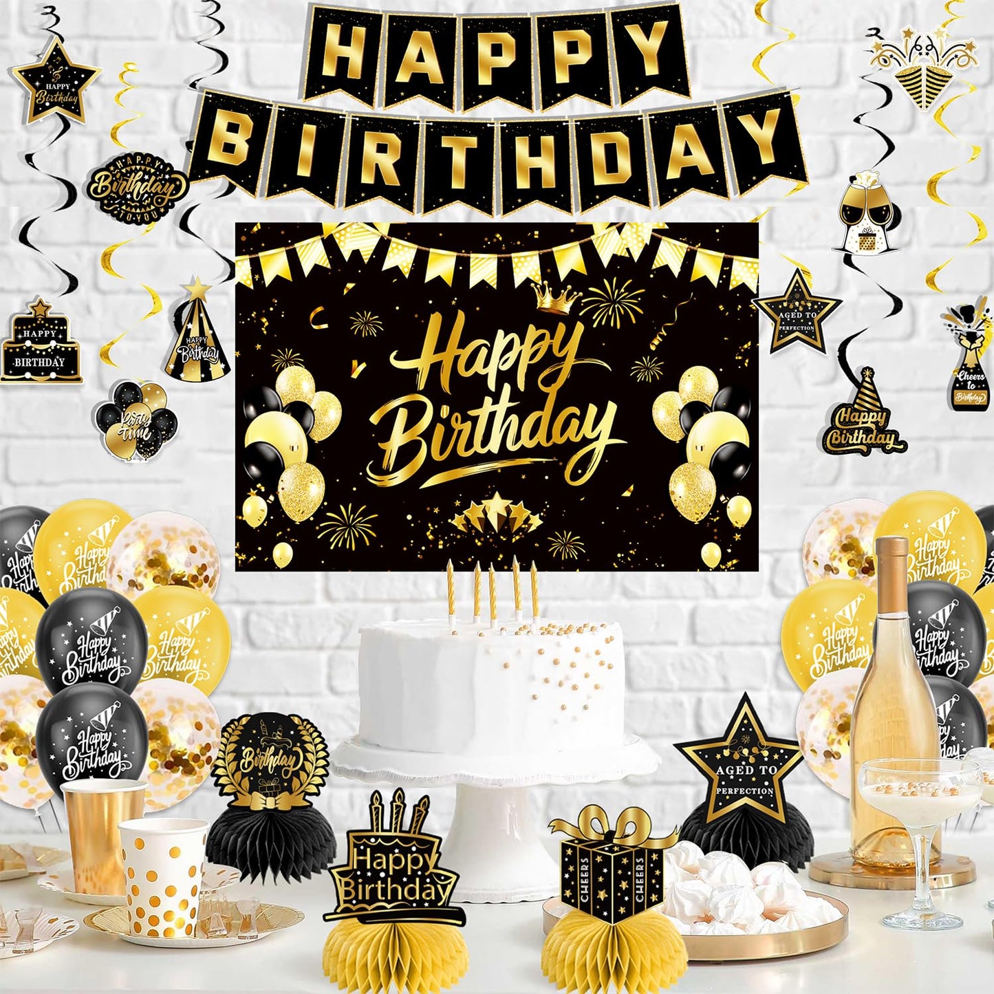 Black Gold Birthday Decorations for Men Women, Pre-Strung Happy Birthday Banner with Backdrop, Balloons,Honeycomb Centerpieces & Streamers Kit