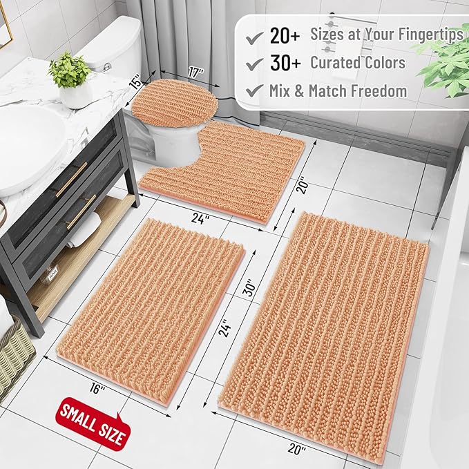Arotive Luxury Chenille Bathroom Rug Mat, Extra Soft Thick Absorbent Shaggy Bath Rugs, Non-Slip Machine Wash Dry, Plush Bath Mats for Bathroom, Shower and Tub, 30x20, Peach