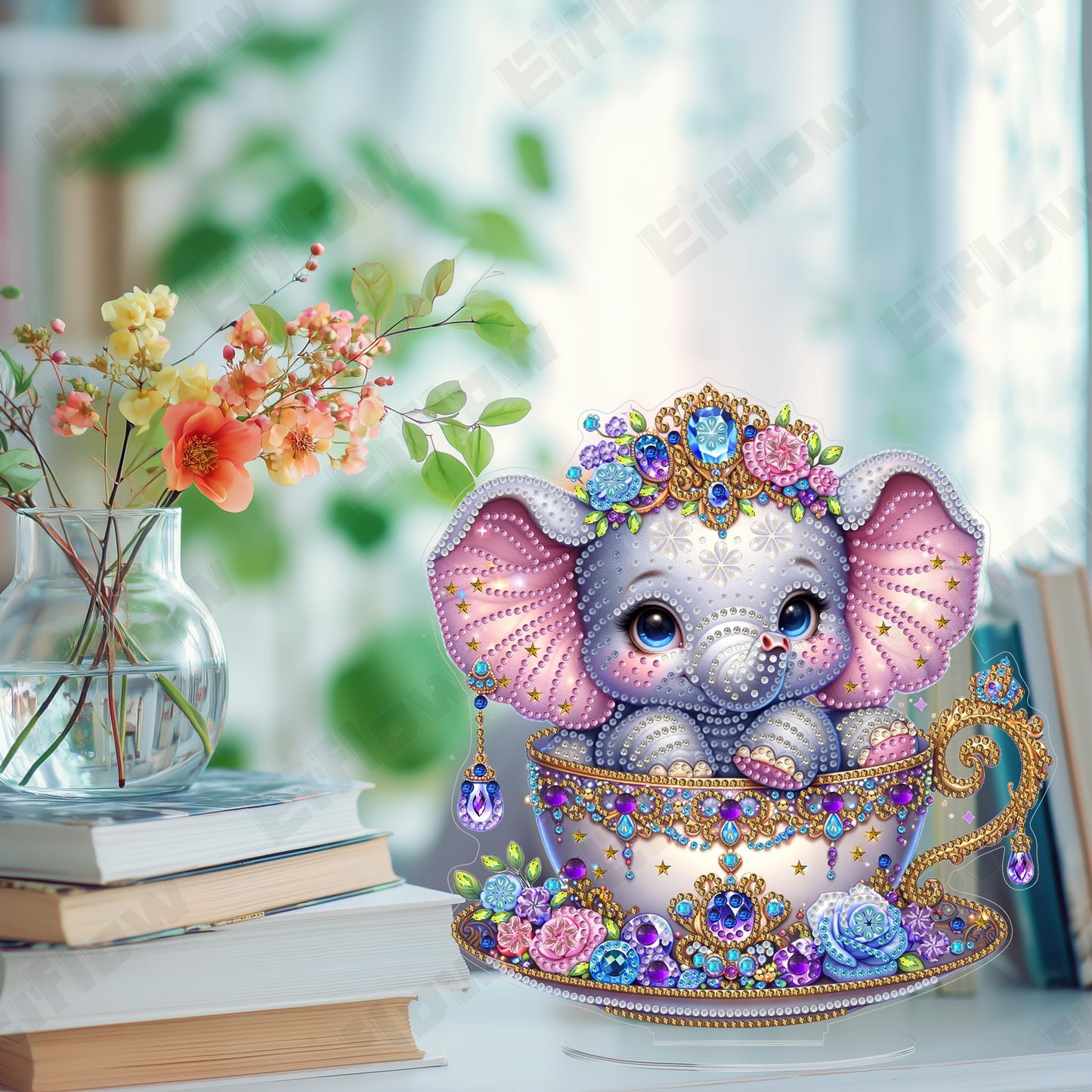Eiflow Diamond Art Tabletop Kit for Adults, DIY Desktop Diamond Art Painting with Stand, Acrylic Stand Up Gem Painting Board Kit (Elephant)