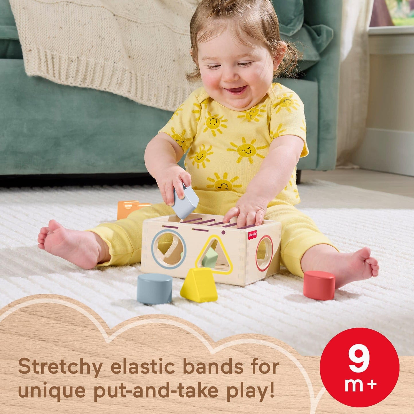 Fisher-Price Wood Baby Toy Flexi Shape Sorter, 7-Piece Wooden Activity with Elastic Bands for Infants & Toddlers Ages 9+ Months