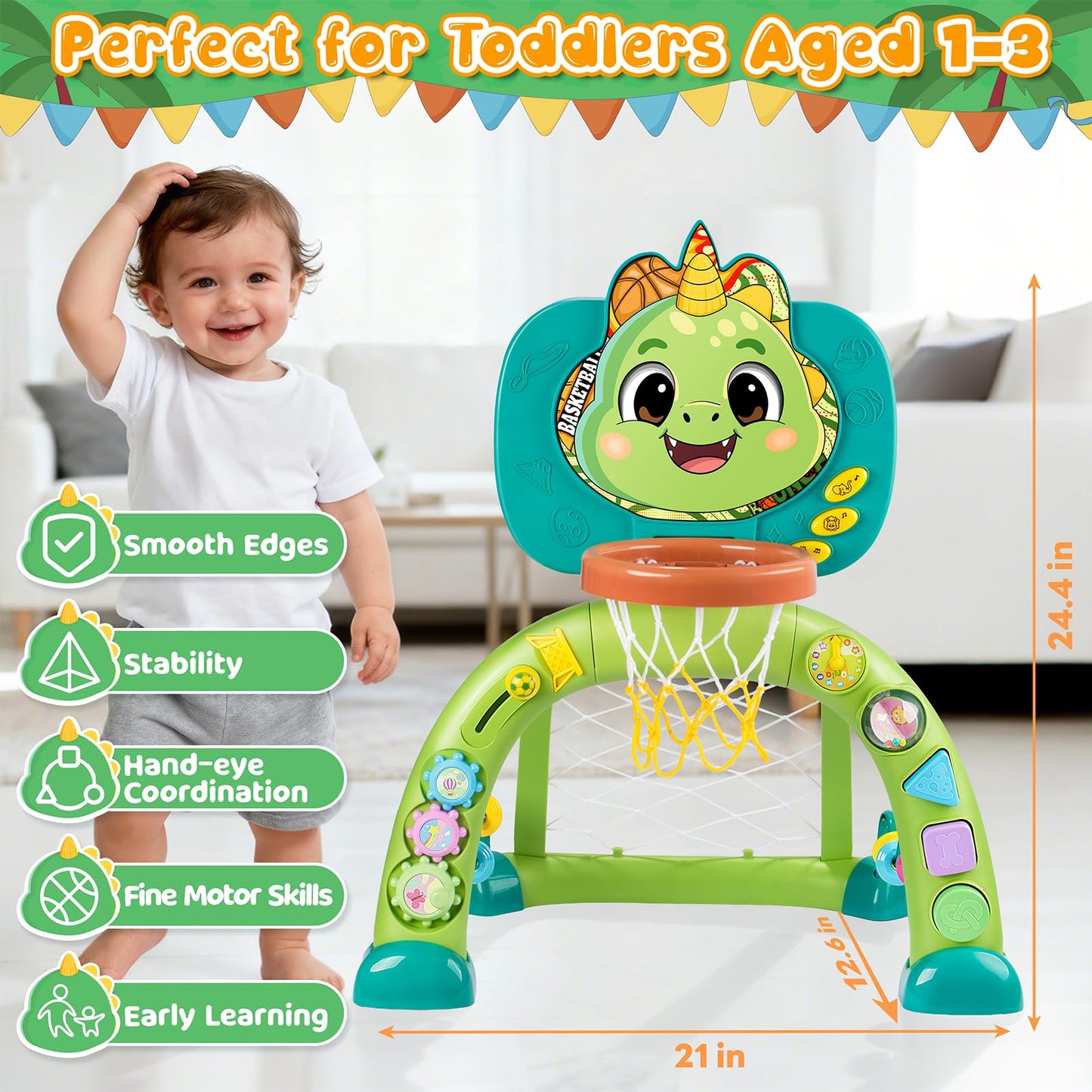 Toddler Basketball Hoop & Soccer Goal, Toys for 1 2 3 Year Old Boys Girls, Dinosaur Sports Play Toy Activity Center, Interactive Musical Sports Toys with Light, Christmas Birthday Gift for Ages 1-3