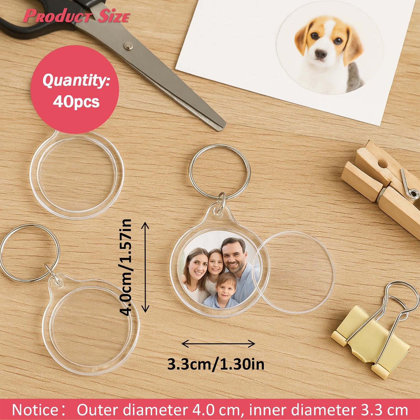ROHIJALE 40Packs Clear Round Photo Keychains Outer diameter 1.57 Inch DIY Acrylic Blank Keychain Inserts Transparent Plastic Photo Frame Key Ring for Personalized Picture, Logo, or Crafts