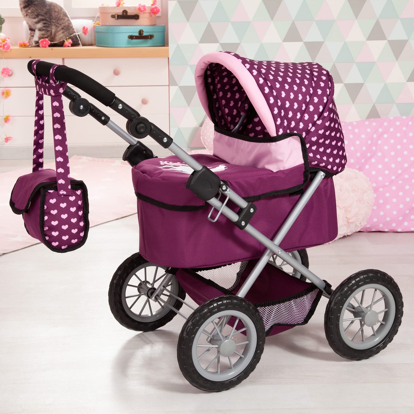 Bayer Trendy Doll Pram & Stroller, Burgundy Pink, 18 inch Dolls, Adjustable Handle, Pretend Play with Accessories